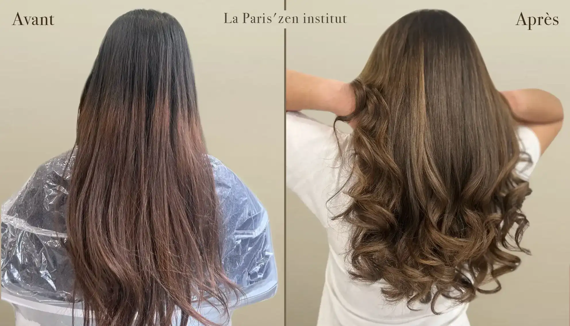 balayage marron avant après réalisé par coiffeur expert à Paris transformation cheveux couleur naturelle brillante
