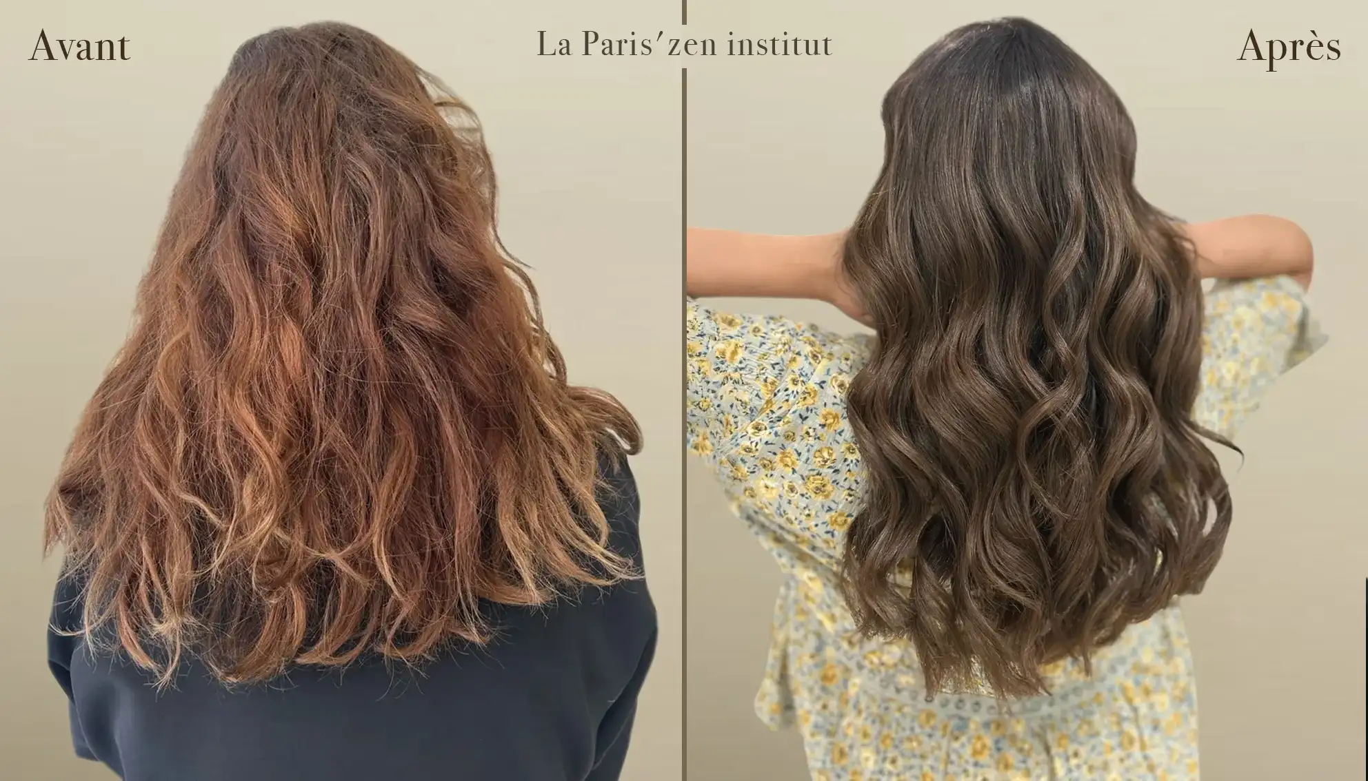 ombré hair marron avant après réalisé par coiffeur expert à Paris dégradé naturel cheveux brillants